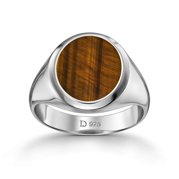 SIGNET RING TIGER'S EYE OVAL 925 SILVER RHODIUM PLATED - IDENTIM®
