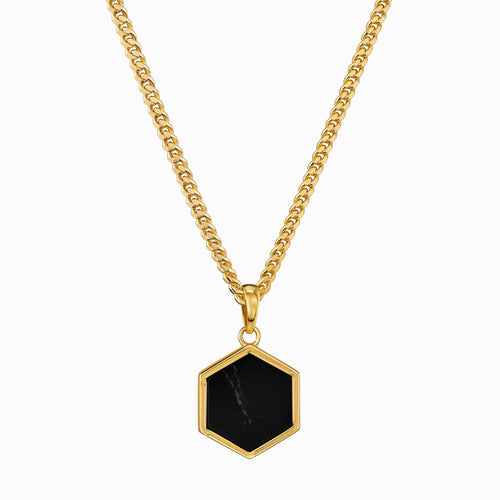 HEXAGON BLACK MARBLE NECKLACE 925 SILVER 18 CARAT GOLD PLATED