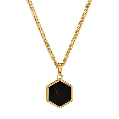 HEXAGON ZWART MARMEREN COLLIER 925 ZILVER 18 KARAAT VERGULD