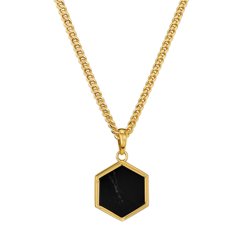 HEXAGON ZWART MARMEREN COLLIER 925 ZILVER 18 KARAAT VERGULD