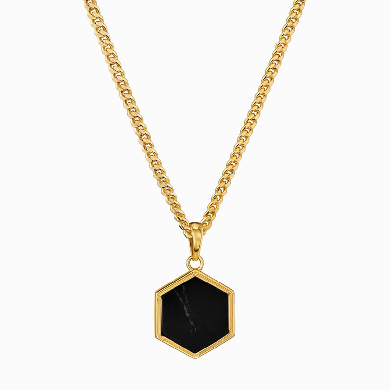 HEXAGON BLACK MARBLE NECKLACE 925 SILVER 18 CARAT GOLD PLATED