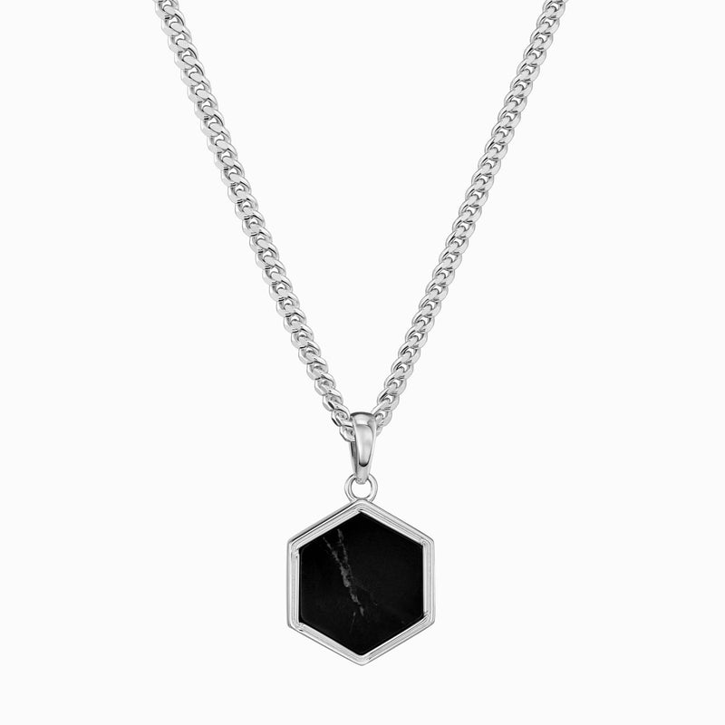 HEXAGON BLACK MARBLE NECKLACE 925 SILVER RHODIUM-PLATED