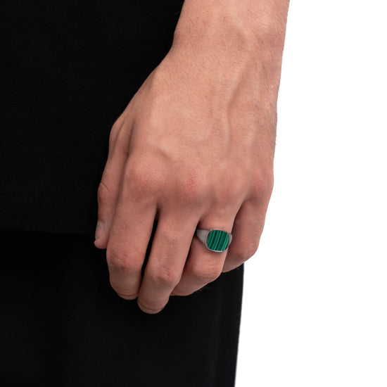 SIGNET RING MALACHITE SQUARE 925 SILVER RHODIUM-PLATED - IDENTIM®