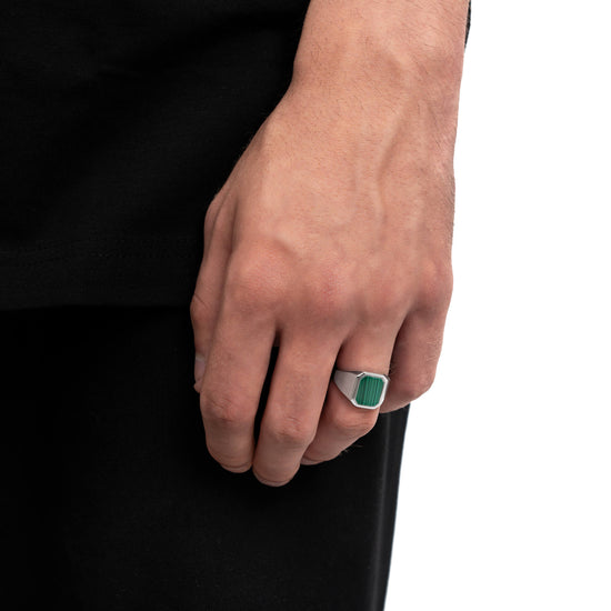 SIGNET RING MALACHITE OCTAGON 925 SILVER RHODIUM-PLATED - IDENTIM®
