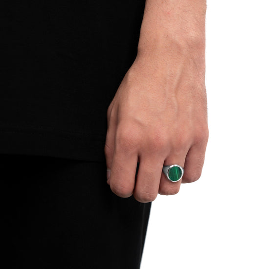 SIGNET RING MALACHITE OVAL 925 SILVER RHODIUM-PLATED - IDENTIM®