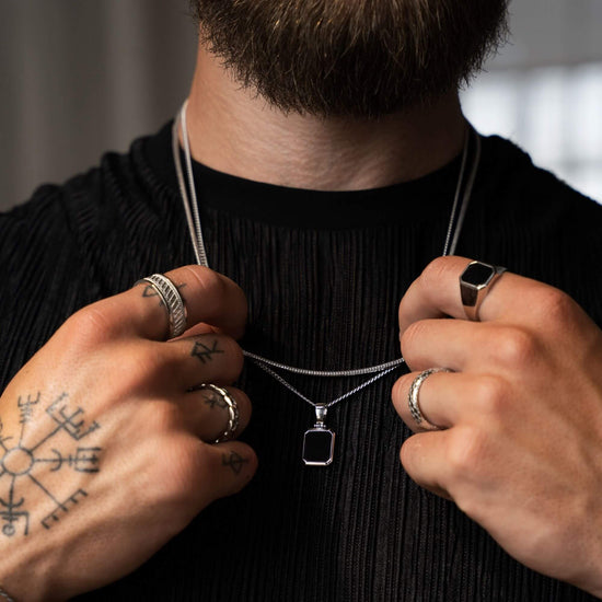 ONYX OCTAGON NECKLACE 925 SILVER RHODIUM-PLATED - IDENTIM®