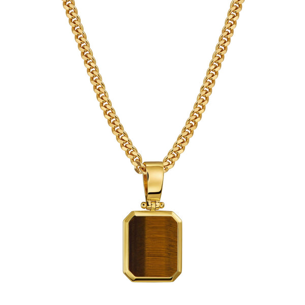 Tijgeroog achthoekige ketting met gegraveerde hanger