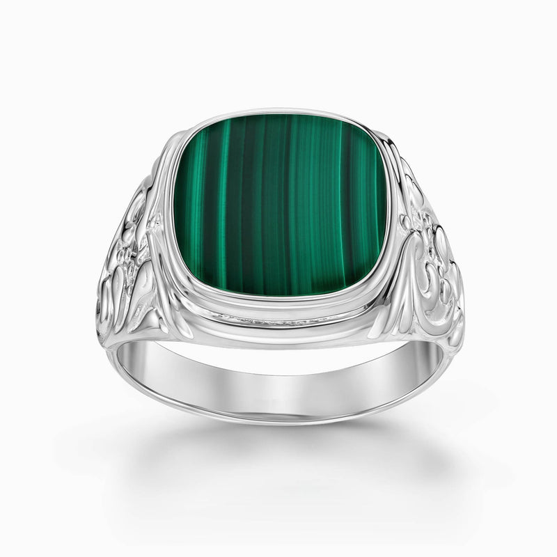 ART NOUVEAU ZEGELRING MALACHIET 585, 750 WITGOUD, 950 PLATINA