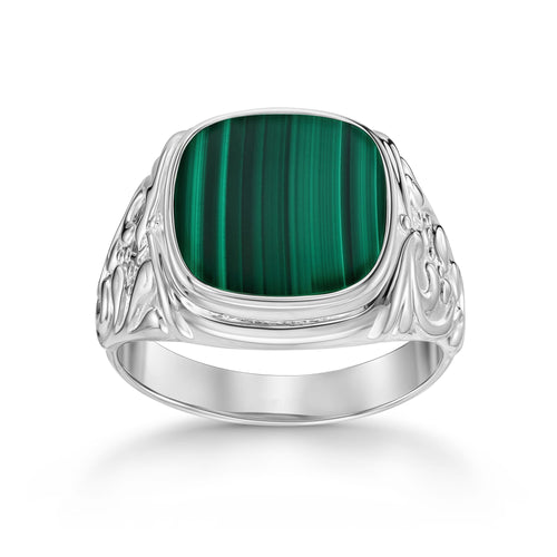 ART NOUVEAU SEALING RING MALACHITE 585, 750 WHITE GOLD, 950 PLATINUM