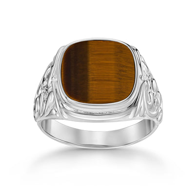 ART NOUVEAU SIEGELRING TIGERAUGE 585, 750 WEIßGOLD, 950 PLATIN