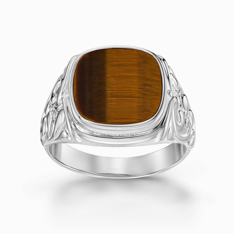 ART NOUVEAU ZEGELRING TIGERAUGE 585, 750 WITGOUD, 950 PLATINA