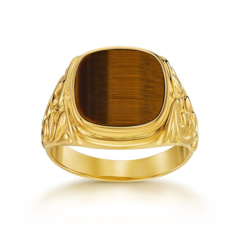 ART NOUVEAU SIGNET RING TIGER'S EYE 585, 750 GOLD