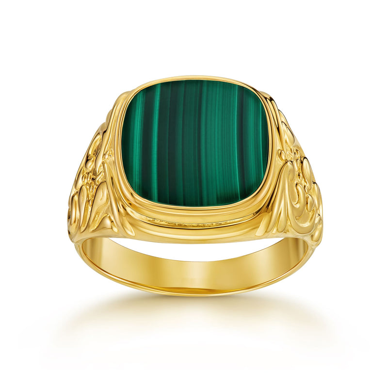 ART NOUVEAU SIGNET RING MALACHITE 585, 750 GOLD
