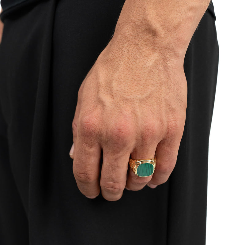 ART NOUVEAU SIEGELRING MALACHIT 585, 750 GOLD