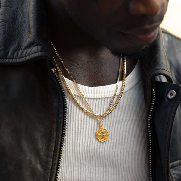 COMPASS NECKLACE CURB CHAIN SET 925 SILVER 18 CARAT GOLD PLATED - IDENTIM®