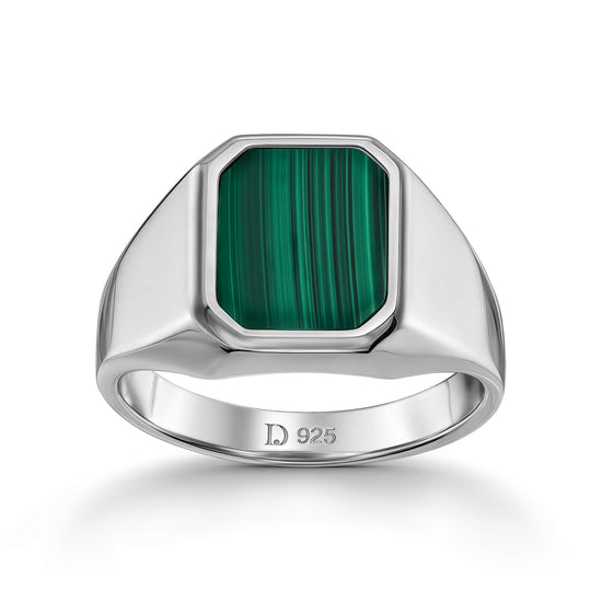 SIGNET RING MALACHITE OCTAGON 925 SILVER RHODIUM-PLATED - IDENTIM®
