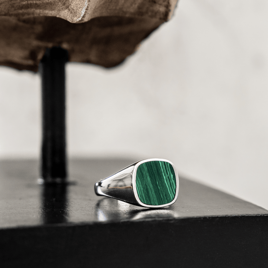 SIGNET RING MALACHITE SQUARE 925 SILVER RHODIUM-PLATED - IDENTIM®