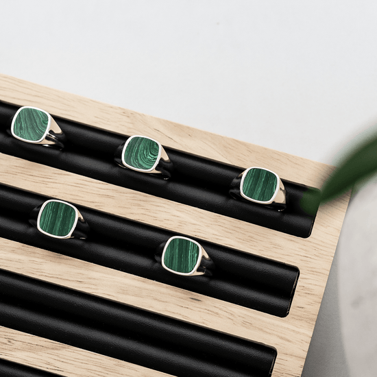 SIGNET RING MALACHITE SQUARE 925 SILVER RHODIUM-PLATED - IDENTIM®