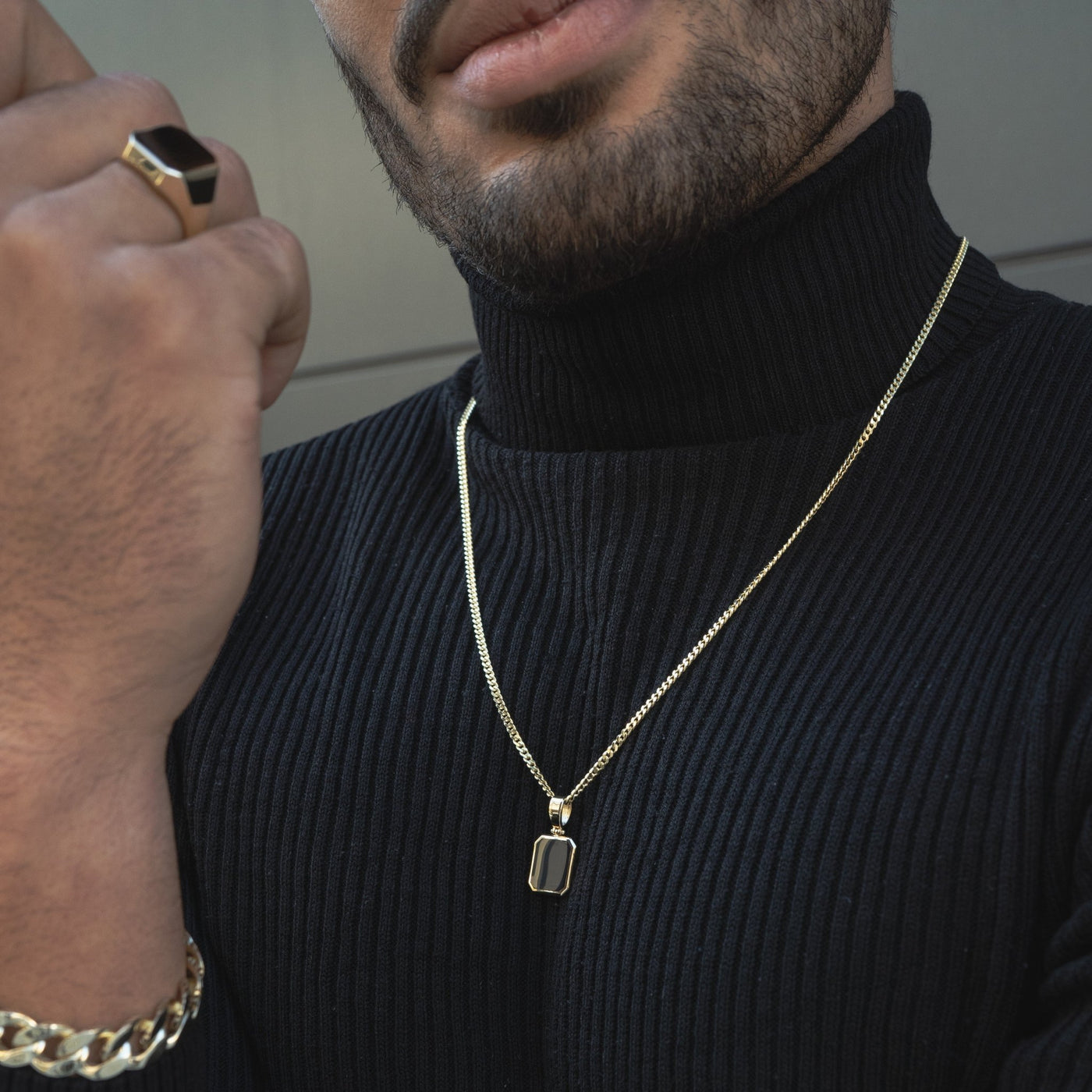 Herren IDENTIM® 585 Platte Onyx Gold Anhänger Oktagon Halskette