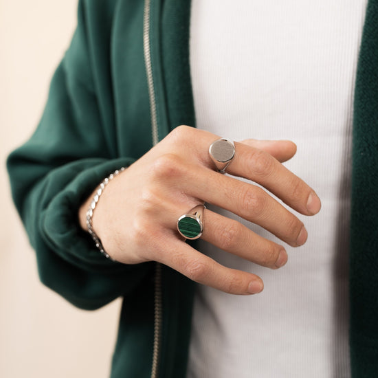SIGNET RING MALACHITE OVAL 925 SILVER RHODIUM-PLATED - IDENTIM®